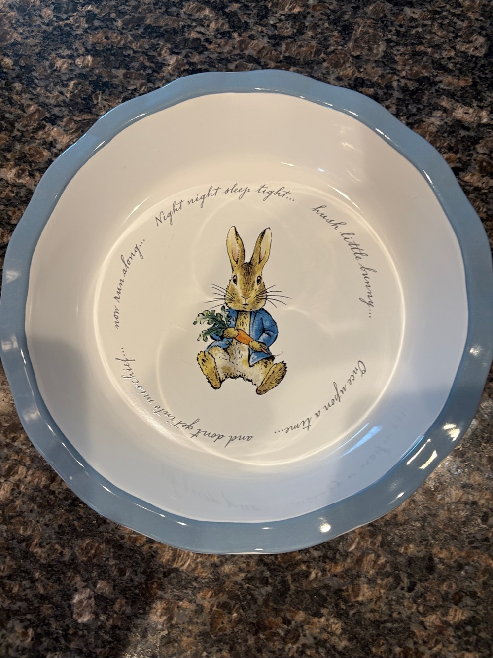 Peter Rabbit beatrix potter Frederick Warner pie plate with Light Blue Rim